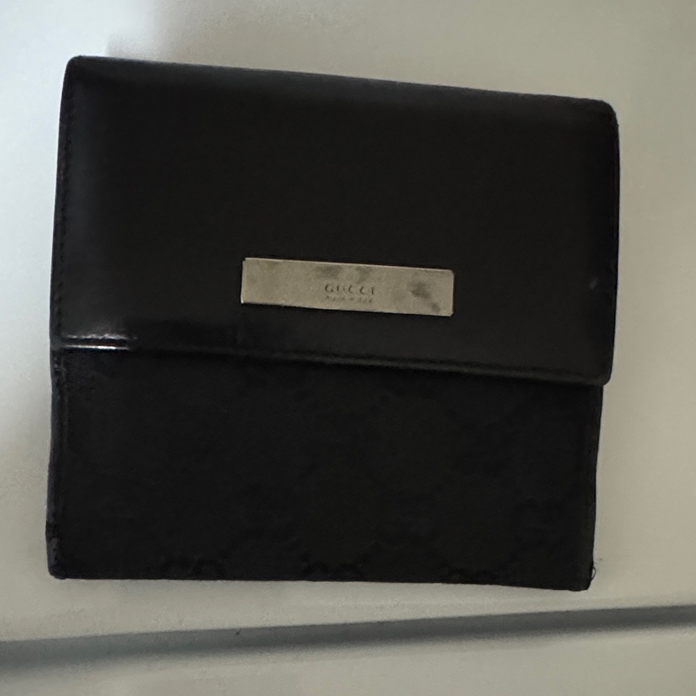Gucci Black Leather and Black GG Canvas Card Holder with Silver Plate